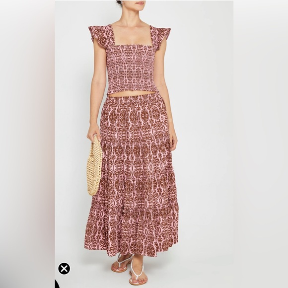 NWT O.P.T. Smocked top and maxi skirt set pink brown S/M - Picture 3 of 11